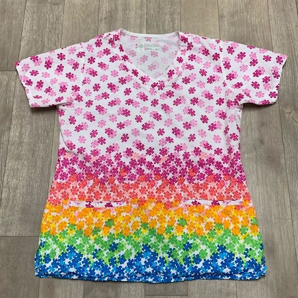 bio bring it on Tops - Womens Bio Bring It On Nursing Medical Colorful Rainbow Scrub Top Shirt‎